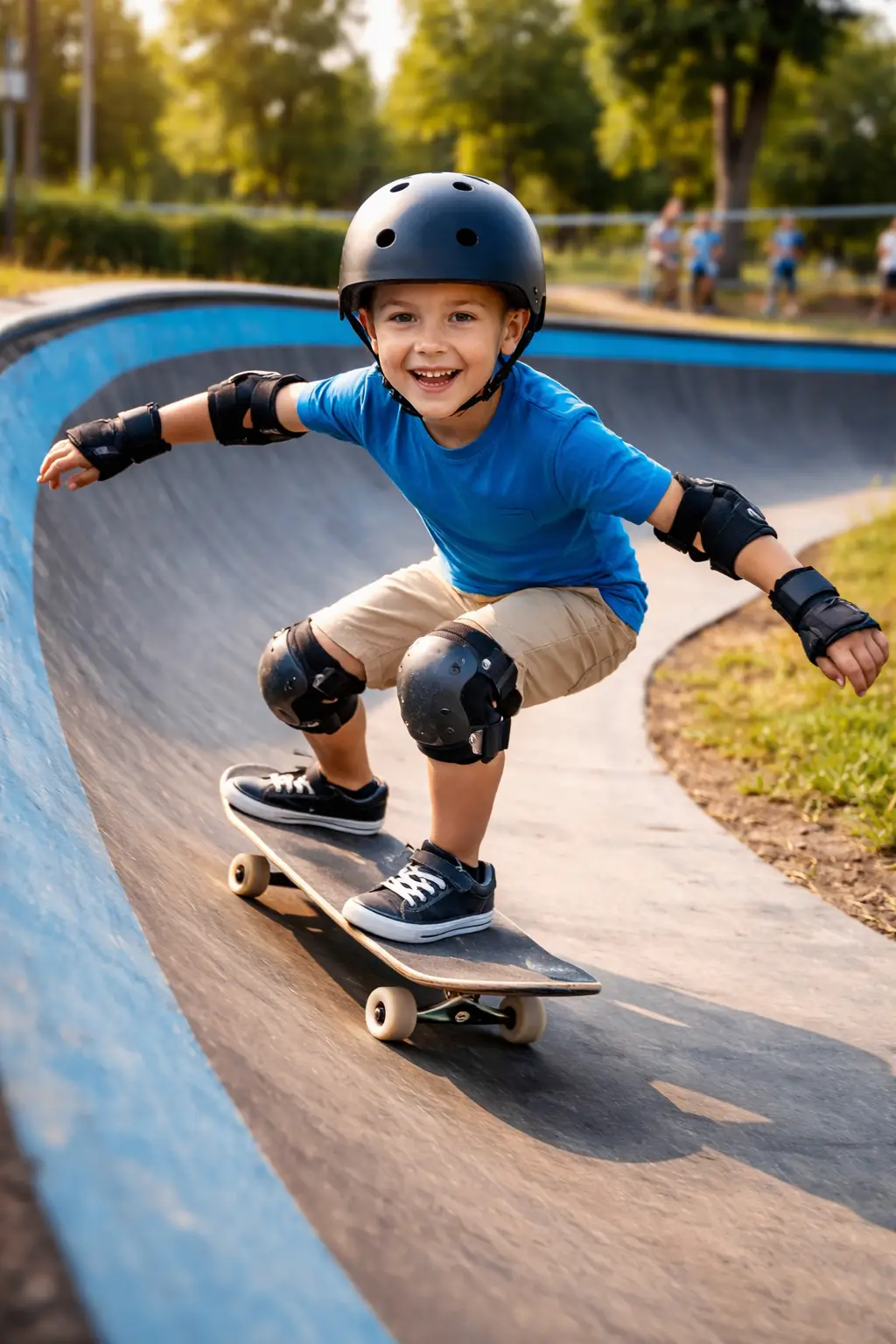Bambino che fa skateboard in pumptrack su una curva.